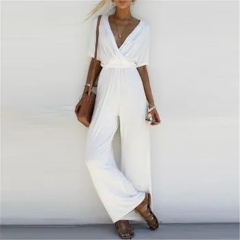 

2019 Summer Sexy Backless V Neck White Chiffon Rompers Womens Jumpsuit Short Sleeve Wide Leg Pants Jumpsuits Female Palysuit