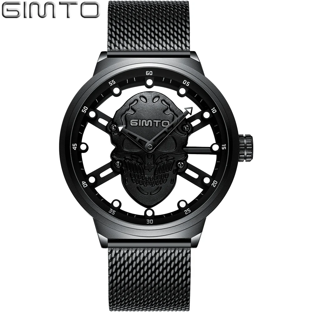 

GIMTO Luxury Punk Skull Men Watch Creative Hollow Skeleton Quartz Gold Clock Steel Military Sport Male Watches relogio masculino