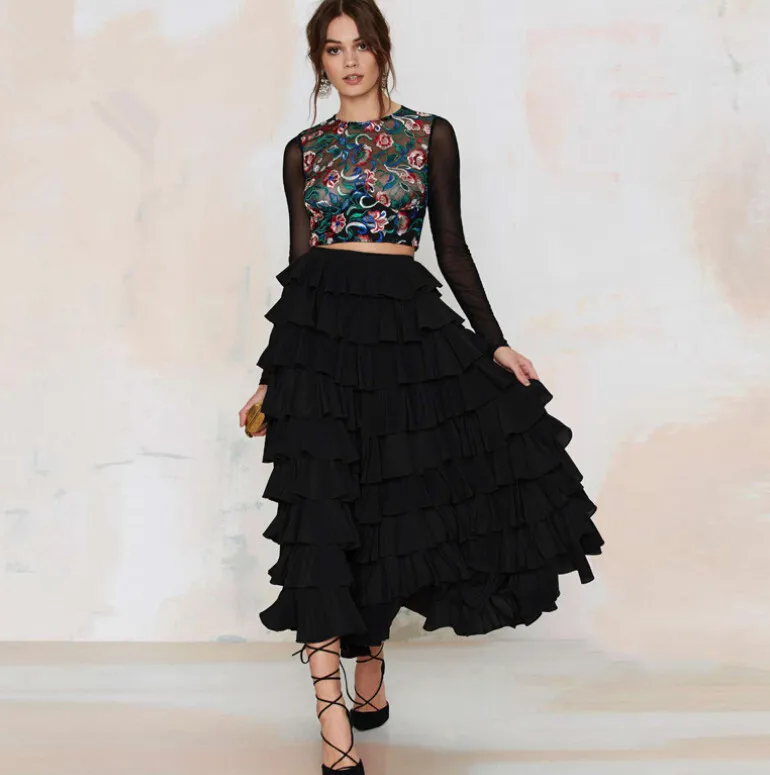 layered ruffle maxi skirt
