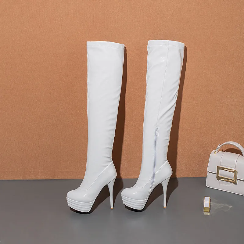 ESRFIYFE/ г. Новые модные ботфорты выше колена, большие размеры 32-46 Осенняя пикантная женская обувь на платформе и тонком высоком каблуке