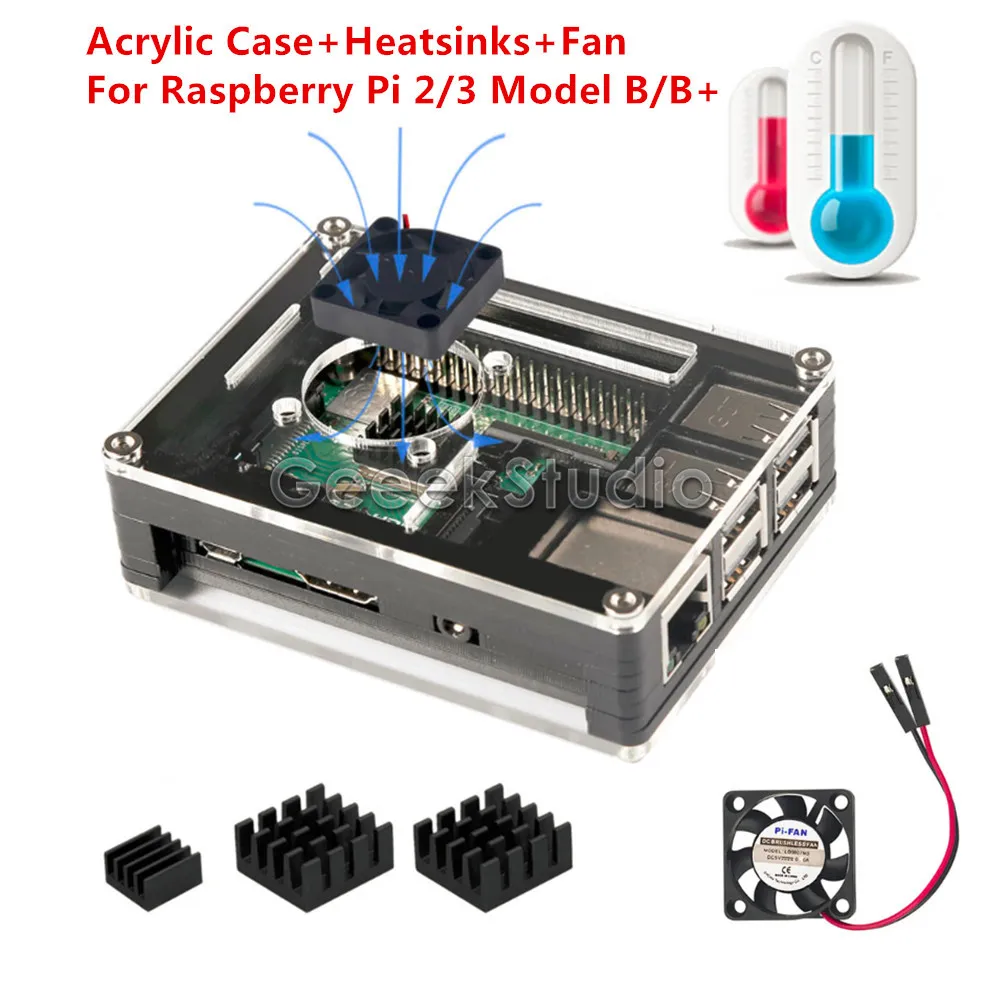 Нарезанные 9 слоев акриловый чехол коробка в виде ракушки с охлаждающим вентилятором и алюминий Радиаторы для Raspberry Pi 3 B +/3 B/2 B/B + (не включает)