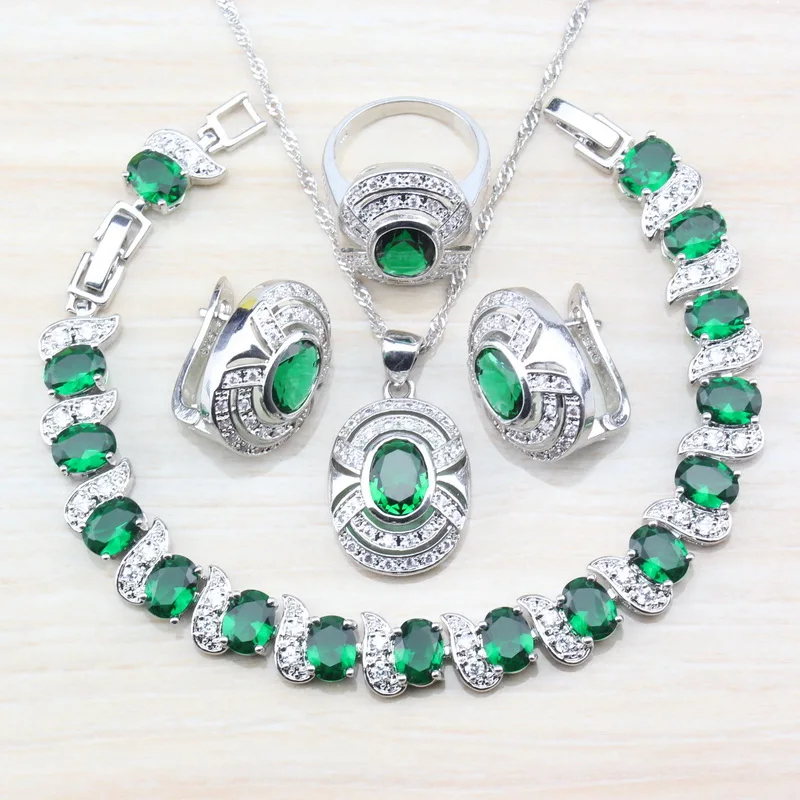 

Oval Green Cubic Zirconia 925 Sterling Silver Women Accessories Jewelry Sets Clip Earrings/Pendant&Necklace/Bracelet/Ring T159