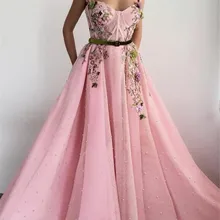 Милые розовые платья для выпускного вечера с объемным цветочным рисунком для девочек коллекция года, Длинные вечерние платья на тонких бретелях с жемчужинами и цветами, платье для выпускного вечера Junior formal