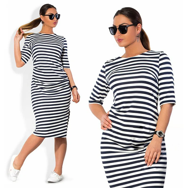 

3XL big size 2019 Spring Summer dress large size dress white and black stripes dresses Plus size women clothing belt dresses -76