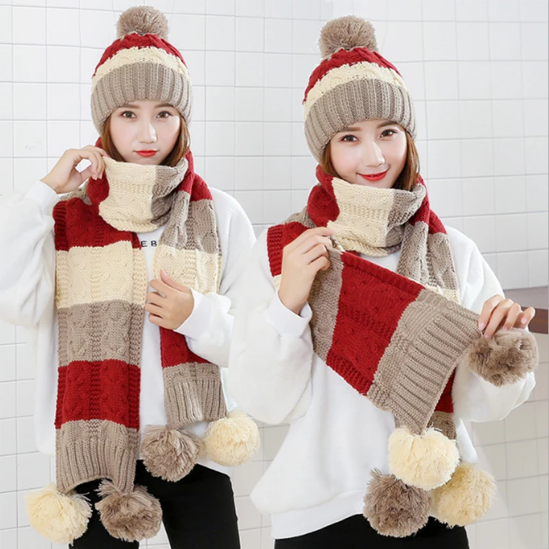 Best Winter Gift To Mother Girl Blue White Red Ladies Woolen Scarfs And Caps Sets Fashion Warm Wool Knitted Women Scarves Hats