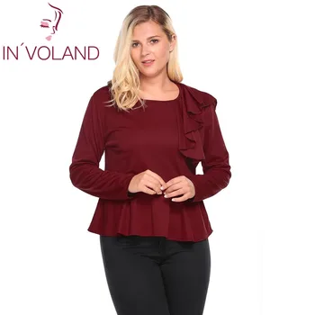 

IN'VOLAND Plus Size 4XL Women's T-Shirt Tops Vintage Autumn Long Sleeve Ruffles Solid Slim Fit Peplum Tshirt Top Large Oversized