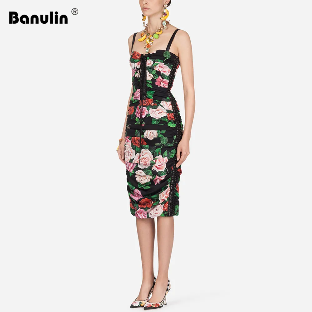 

HIGH QUALITY Newest Fashion Designer 2019 Runway Dress Women's Spaghetti Strap Striped Rose Printed Sleeveless Bodycon Dress