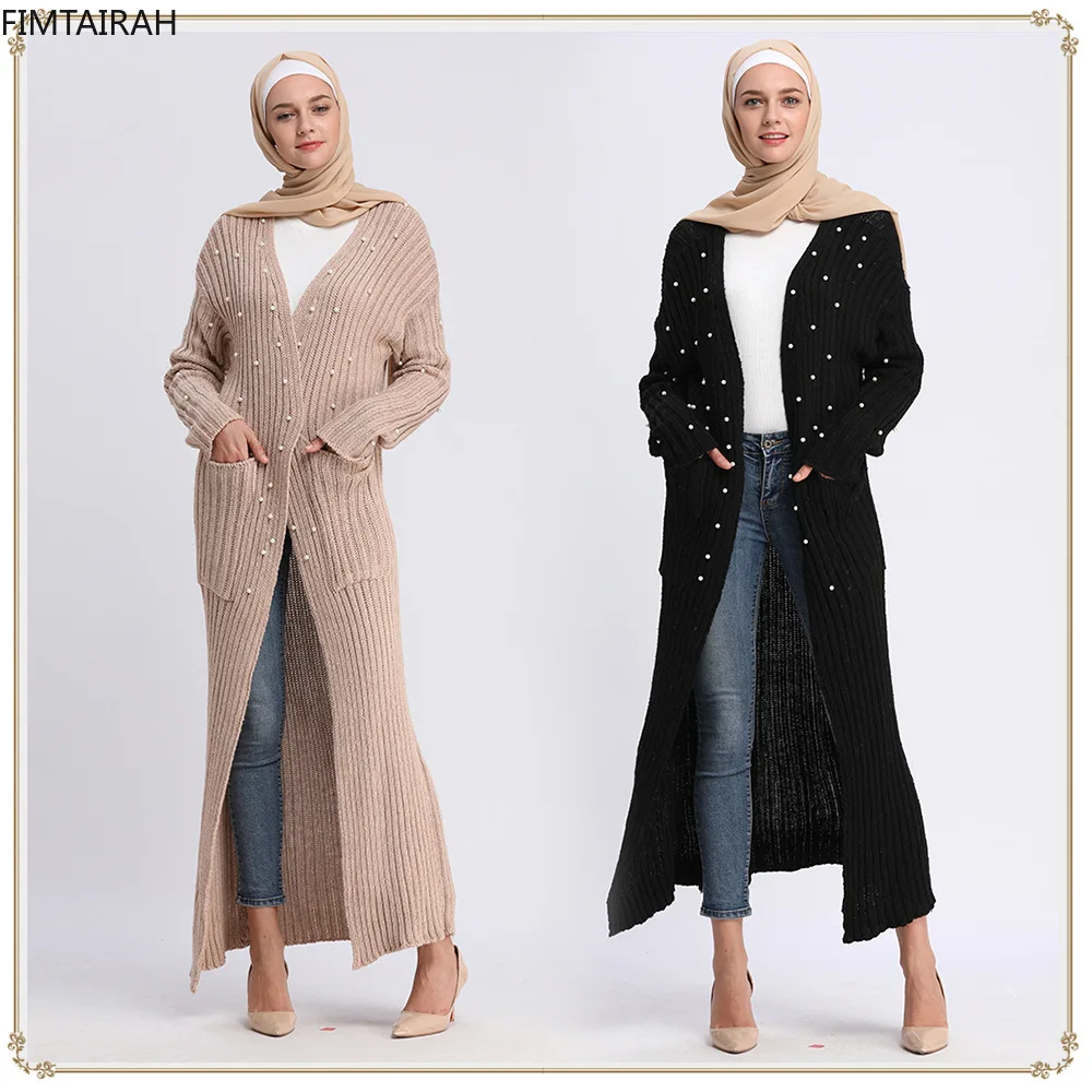 

Muslim Knit cotton abaya dress women warm coat winter Modest front open lady islamic clothing Pearl abaya dubai for women
