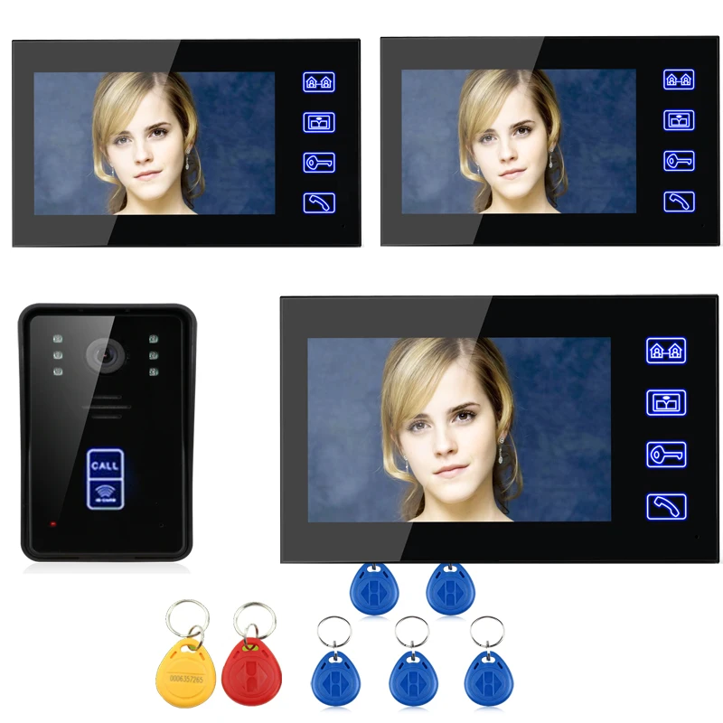 SmartYIBA RFID Проводная дверь Домашний домофон сенсорный ключ 3 мониторные комплекты 7 "безопасности дверной Звонок камера домофон для виллы