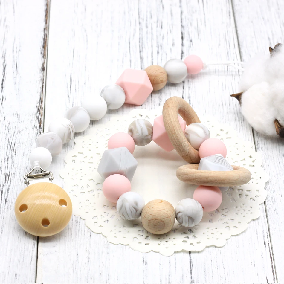 Baby bracelet Wooden Pacifier Clip Montessori Toy Silicone Beads Teether Infant hex silicone BPA Free bracelet