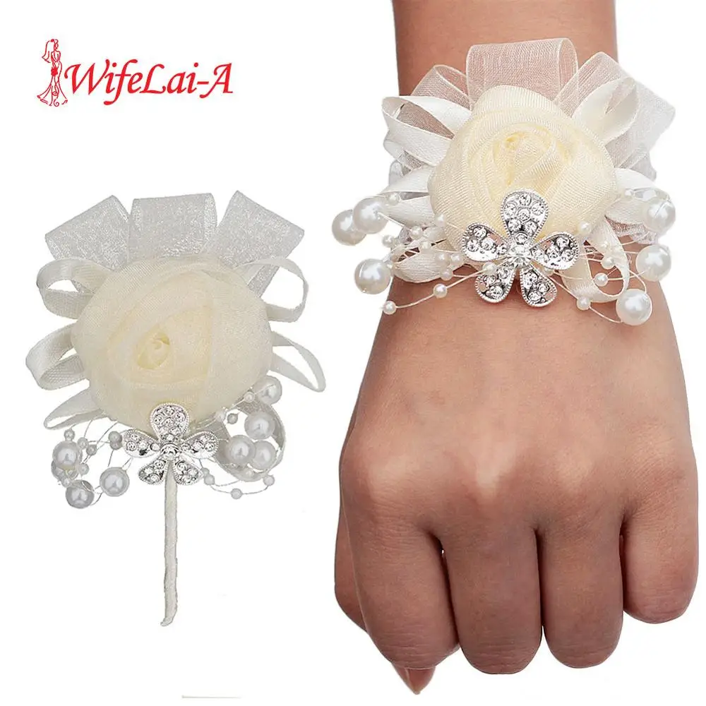 

4Set Ivory Gauze Rose Bridesmaid Wrist Corsage Set Brooch Wedding Groom Buttonhole For Men Pearl Crystal White Hand Flower X978