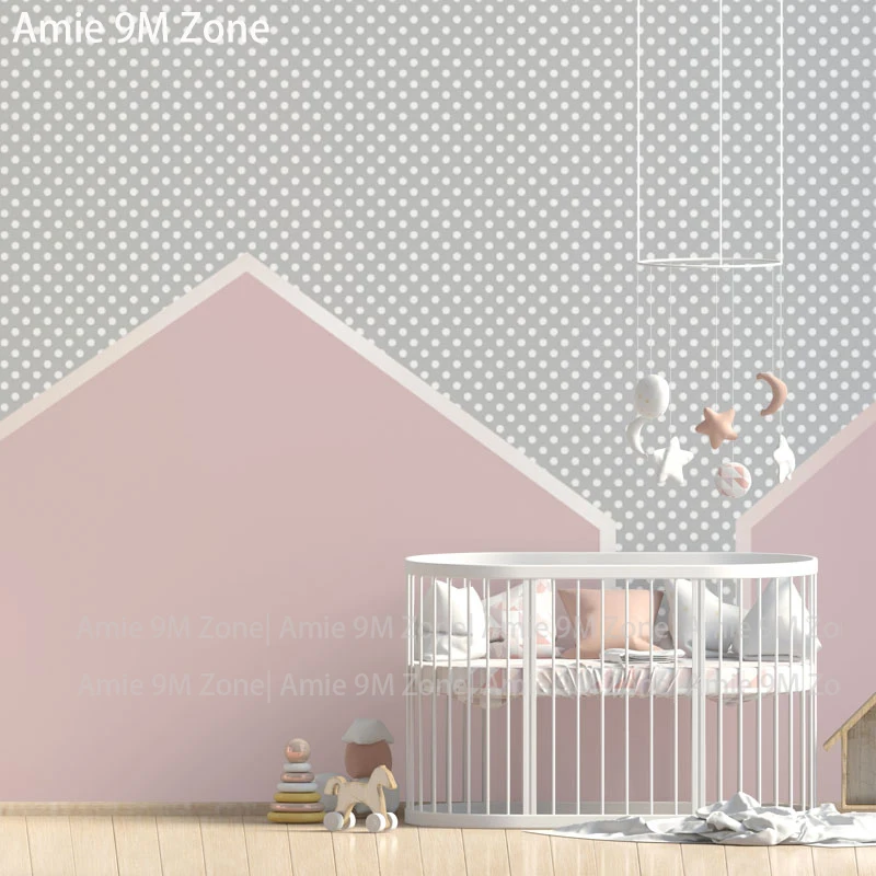 Обои для детской комнаты серого и розового цвета, обои для детской комнаты в белый горошек, розовый геометрический узор, скидка, размеры стен заказчика