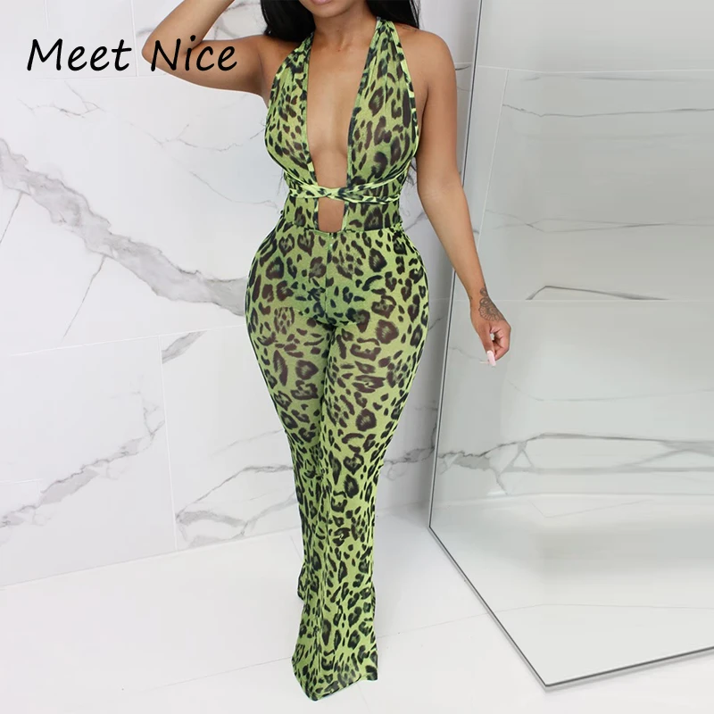 

New Fashion Long Rompers Womens Jumpsuit Sexy Mesh Leopard Printed Backless Lace Up Jumpsuits Overalls Macacao Feminino