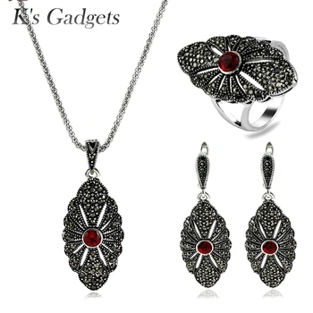 

K's Gadgets Black Rhinestone Red Crystal Vintage Jewelry Set Retro Wedding Sets For Women Pendant Necklace Earrings Ring