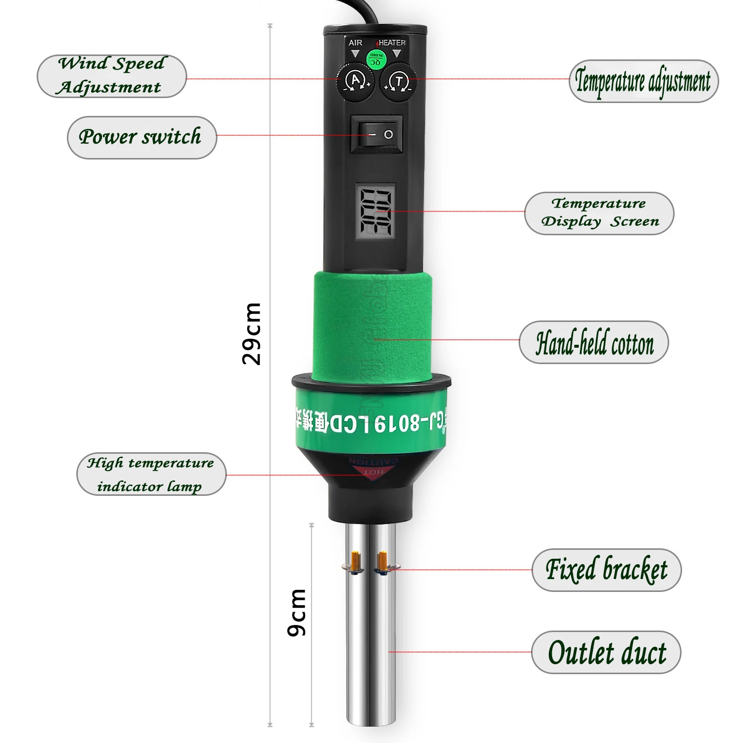 GJ-8019 пистолет горячего воздуха lcd цифровой дисплей портативный бесщеточный постоянной температуры 450 Вт быстрый рост температуры