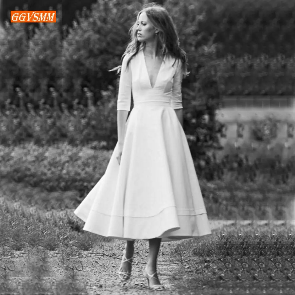 

Fashion BOHO Ivory Wedding Dresses 2019 Wedding Gowns Women Party Bohemian V-Neck Stretch Fabric Tea Length Formal Bridal Dress