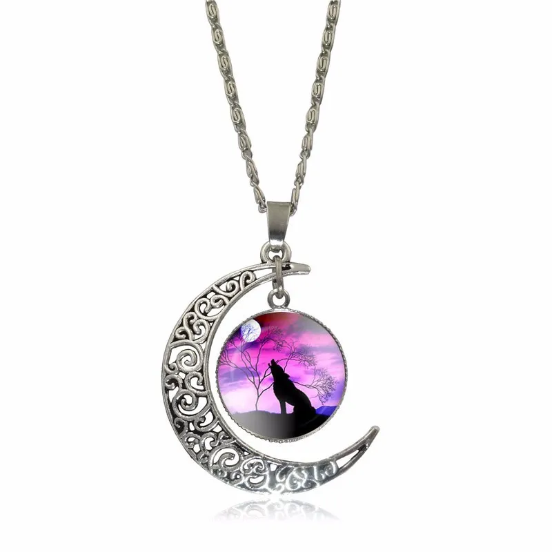 XUSHUI XJ модное серебряное ожерелье с подвеской в виде полумесяца, Воющий волк, стеклянная цепь из кабошона, ожерелье для женщин, подарок для друзей