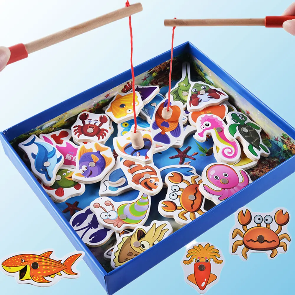 

32Pcs Wooden Fishing Toys Magnetic Marine Biological Congnition Baby Educational Toys Fish Game Educational Fishing Toy Child