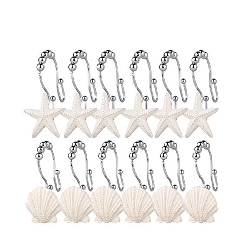 

NOCM Rust Resistant Double Hooks Glide Shower Ring Hangs For Both Shower Curtain and Liner 12-Pack starfish and shell double