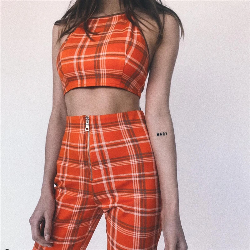 

Harajuku punk street style sexy halter crop camis tank casual pants orange plaid Women's Sets