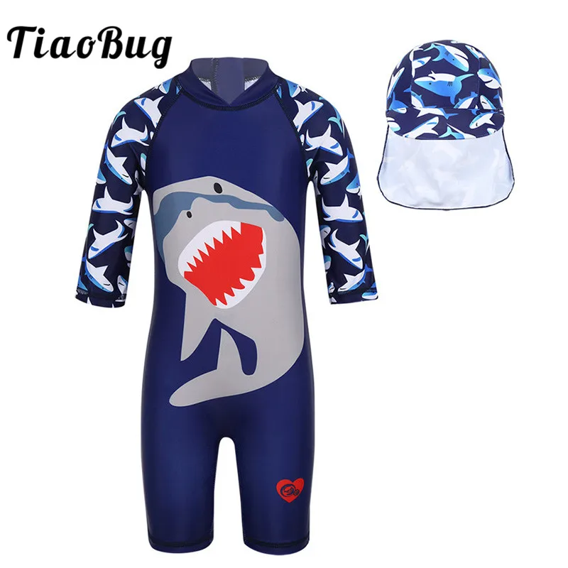 TiaoBug Kids Boys One-piece Shark Printed Zipper Rash Guard Swimsuit Bathing Suit with Swimming Cap Beachwear Children Swimwear | Спорт и