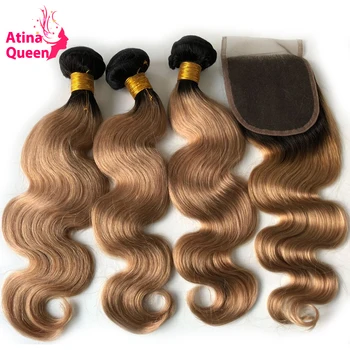 

Atina Queen #1b/27 4*4 Lace Closure with Bundles Brazilian Body Wave Dark Roots Ombre Honey Blonde Remy Human Hair Weave Bundles