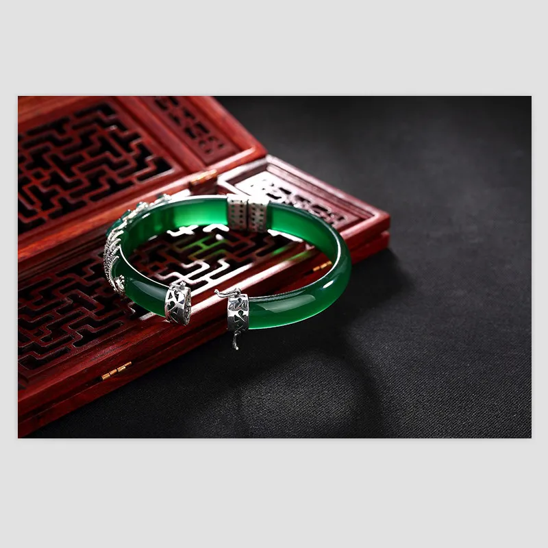 Brazaletes de plata de ley 925 reales sin glyless para mujeres Thai plata Animal Calcedonia Pavo Real brazaletes Jade pulsera creativa joyería - 6