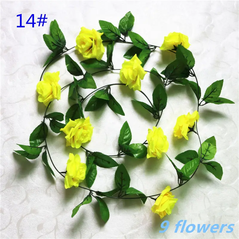 1pcs/lot 230-250cm Artificial Flowers Silk Roses Ivy Vine diy with Green Leaves Fake leaf artificial flowers for home decoration - Цвет: 14Yellow 9flower