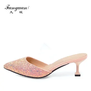 

2018 Fanyuan New Arrivals Women's high heels Slip-on Mules shoes Transparent Ladies Shoes Pointed toe sexy ladies dress shoes