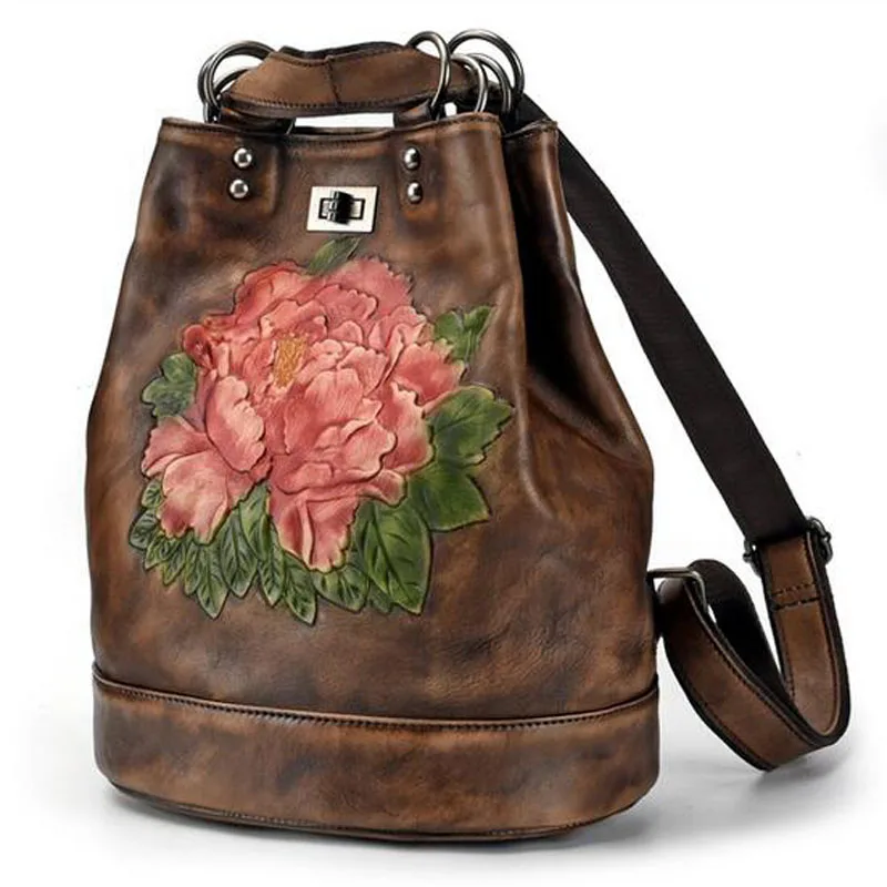 Новая роскошная женская сумка, топ из воловьей кожи, женские рюкзаки, сумки из натуральной кожи, ретро тиснение, Сумка с цветами, дизайнерский женский кожаный рюкзак
