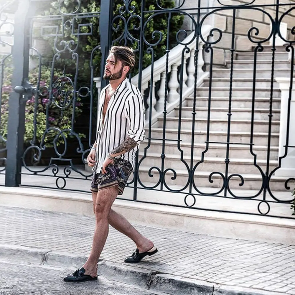 Модные Для мужчин Slim Fit v-образным вырезом с длинным рукавом мышцы рубашка Повседневное Топы Мода вертикальный Рубашка в полоску уличная