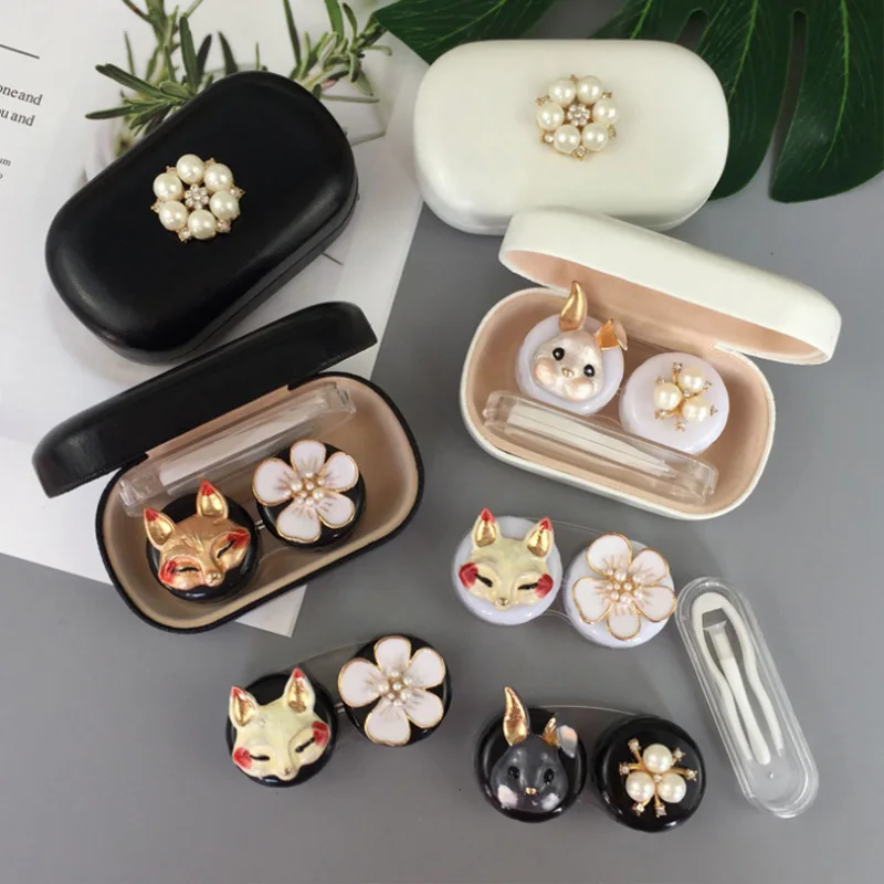

Rabbit and fox contact lens case ladies leather hard contact lens case cute glasses case lens container gift glasses case