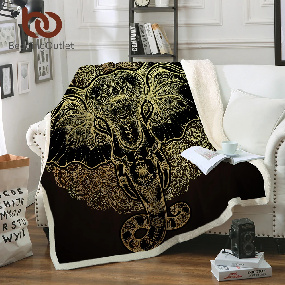 

BeddingOutlet Golden Elephant Velvet Plush Throw Blanket Animal Printed Sherpa Blanket for Couch Indian Black Thin Quilt