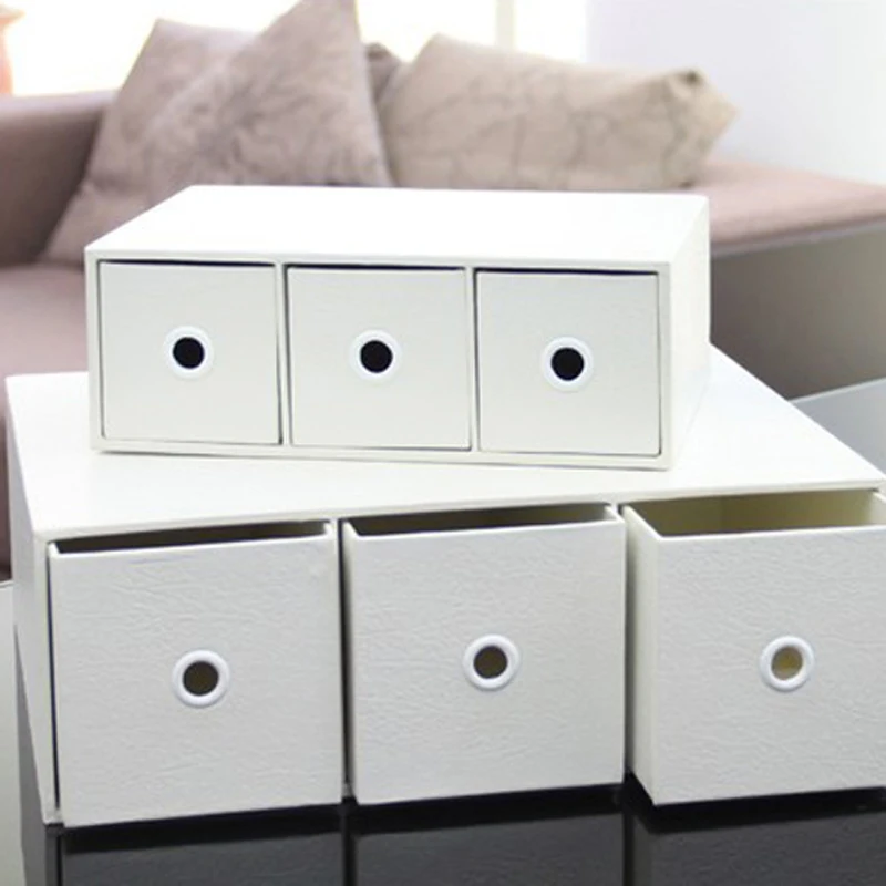 White litchi paper storage box Three two layered office supplies desktop drawers Creative