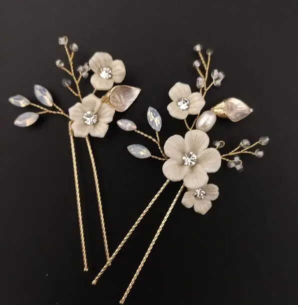 Hair pin set Фарфоровый цветок свадебный головной убор пресноводный жемчуг свадебные заколки для волос набор Модные женские аксессуары для волос подружки невесты - Окраска металла: Hair pin set