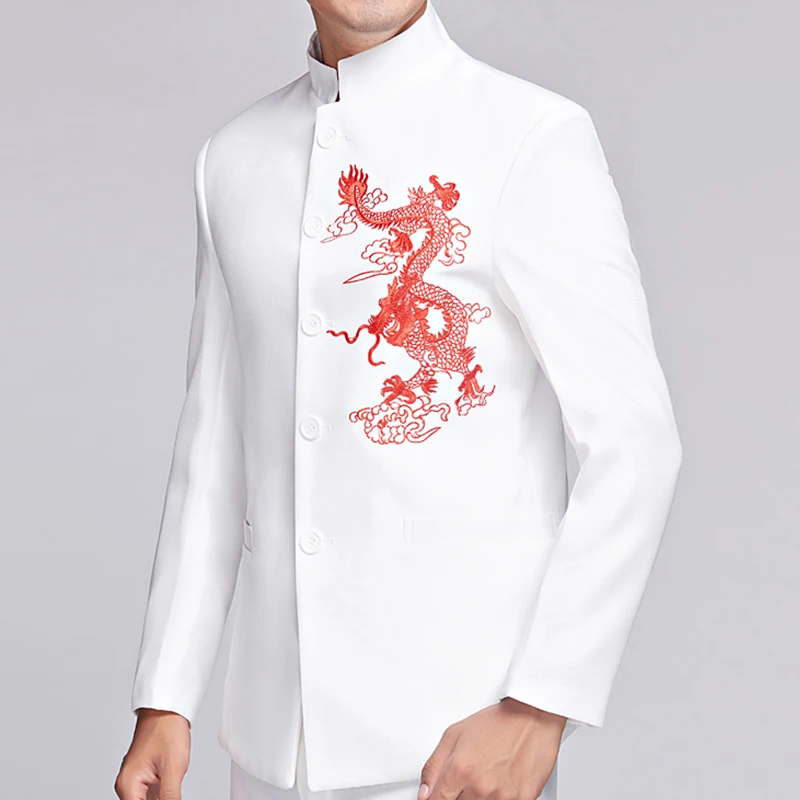 Китайская традиционная Мужская куртка с вышитым драконом, белая куртка, воротник-стойка, свадебная куртка для мужчин, Восточный костюм Тан, куртки