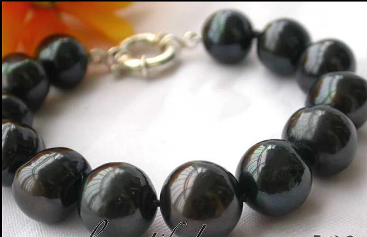 

z2776 8" 14mm round Tahitian black fw pearl bracelet 925silver @^Noble style Natural Fine jewe SHIPPING new >>free shipping