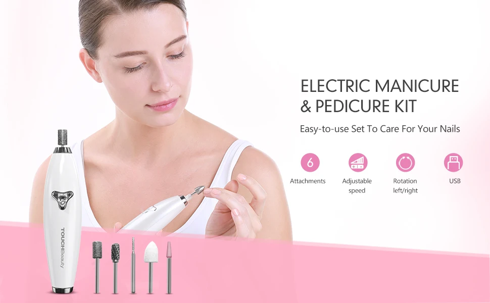 TOUCHBeauty Электрический Маникюрный и педикюрный набор, профессиональная дрель для ногтей с 6 насадками для ухода за руками и ногами пилка для ногтей