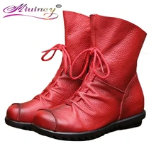 2017 Estilo Vintage Botines de Las Mujeres Botas Planas de Cuero Genuino Suave Zapatos de piel de Vaca de Las Mujeres Frente Zip Botines zapatos mujer