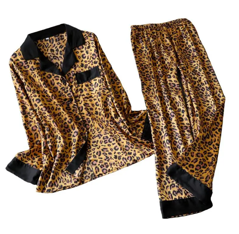 Леопардовая Пижама, женские полосатые атласные пижамы, наборы, новинка, весенний костюм с длинным рукавом из 2 предметов, Повседневная шелковая Домашняя одежда, одежда для сна - Цвет: style A