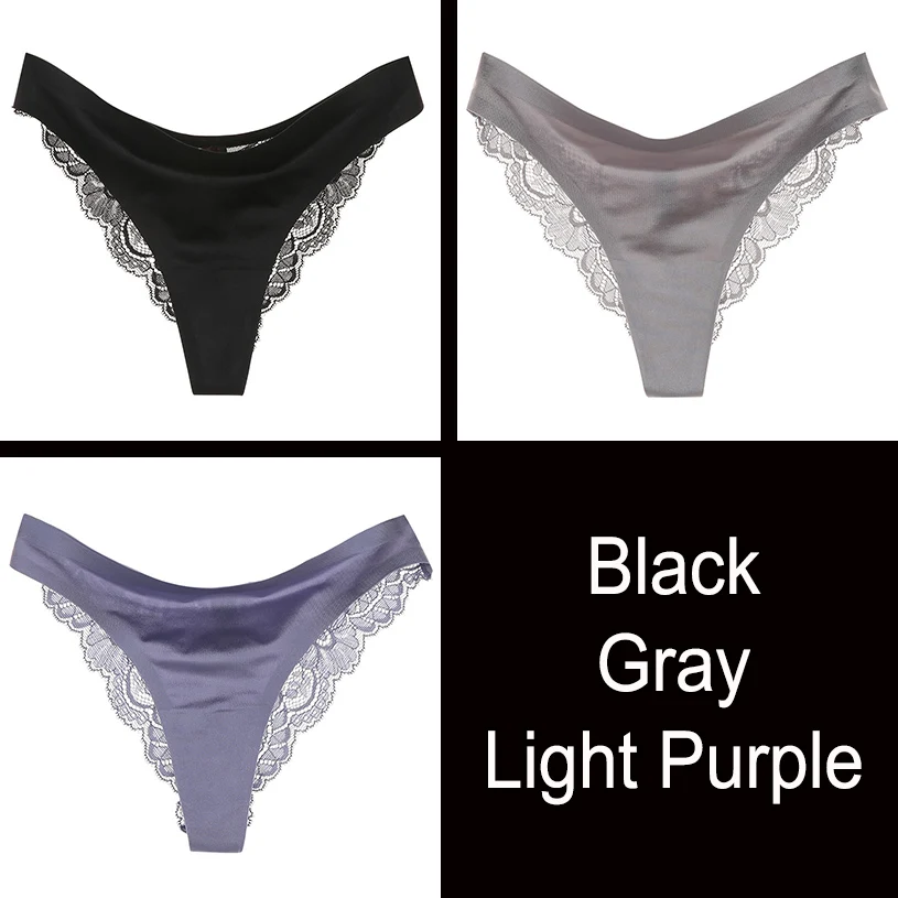 3pcs/lot Sexy Lace Thongs Women Ice Slick G String Female Underwear Low Waist Solid Seamless Panties Ladies Briefs DULASI - Color: Black Gray L-Purple