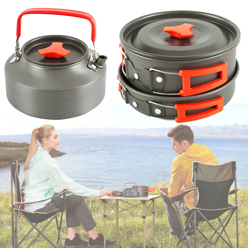 

3pcs Outdoor Pot Kettle Pan Camping Cookware Aluminum Tableware Trekking Picnic Cooking Set Picnic Equipment Instant Accessories