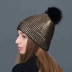 Для женщин теплые зимние вязать шапочки шапки Повседневное меховым помпоном Шапки полосатые модные шапки