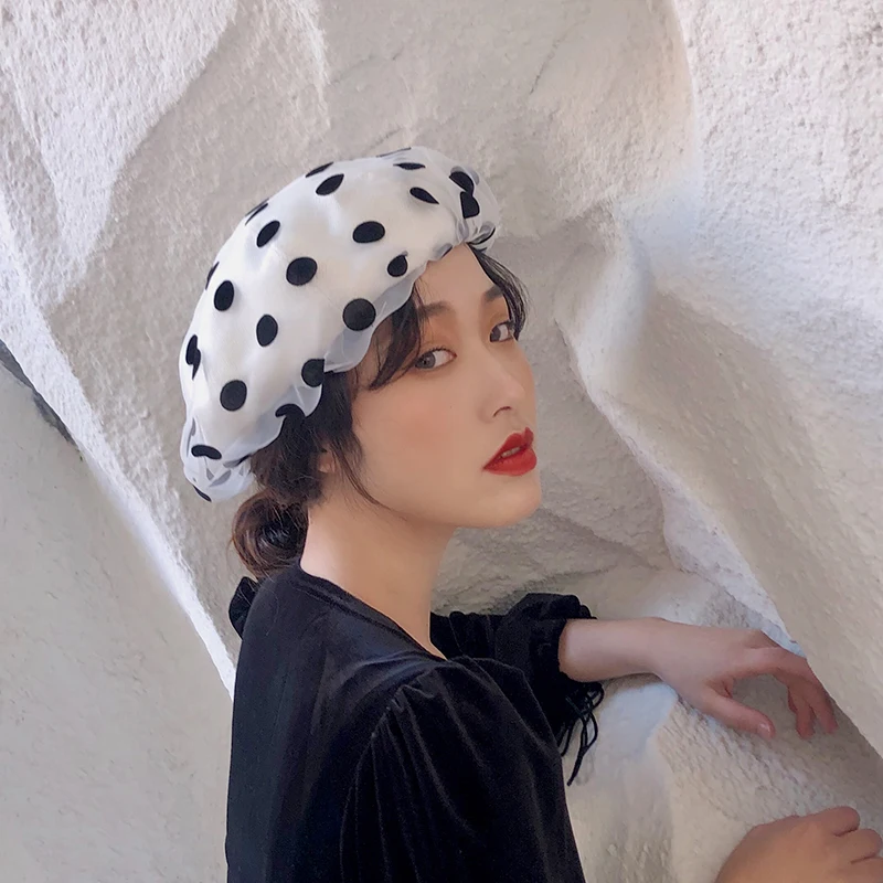 

White Black Dot Organza Mesh Beret Cap Women Spring Summer Elegant Ladies Fashion Street Painter Hat Cute Girls Dotted Beret Hat