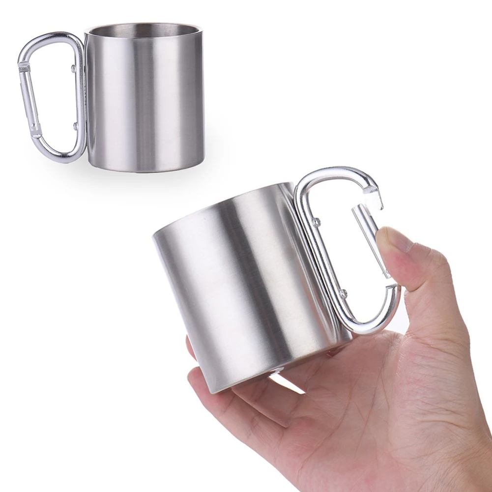 300ml Outdoor Stainless Steel Water Tea Coffee Mug Self Lock Carabiner Handle Cup For Camping Hiking Climbing Portable 300ml Outdoor Stainless Steel Water Tea Coffee Mug Self Lock Carabiner Handle Cup For Camping Hiking Climbing Portable