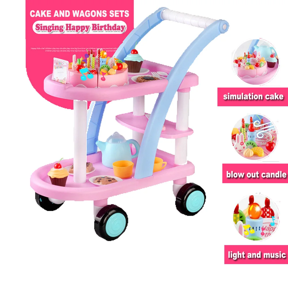 56PCS Simulation Birthday Cake Cut and Handcart Sets with Happy