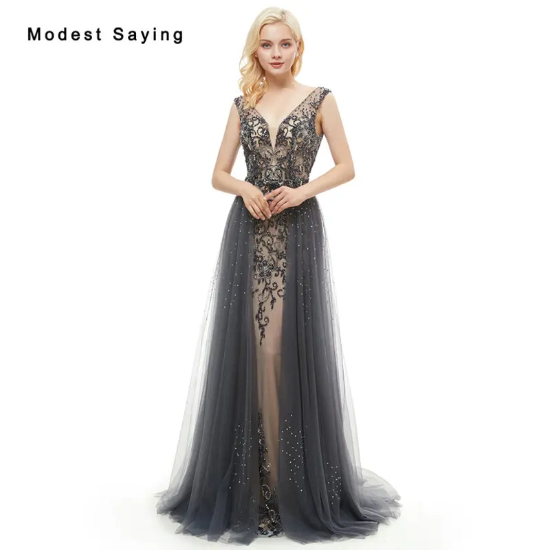 Real Luxury Sexy Backless Grey Mermaid Beaded Evening Dresses 2018 with Watteau Train Rhinestone Formal Women Party Prom Gowns | Свадьбы и