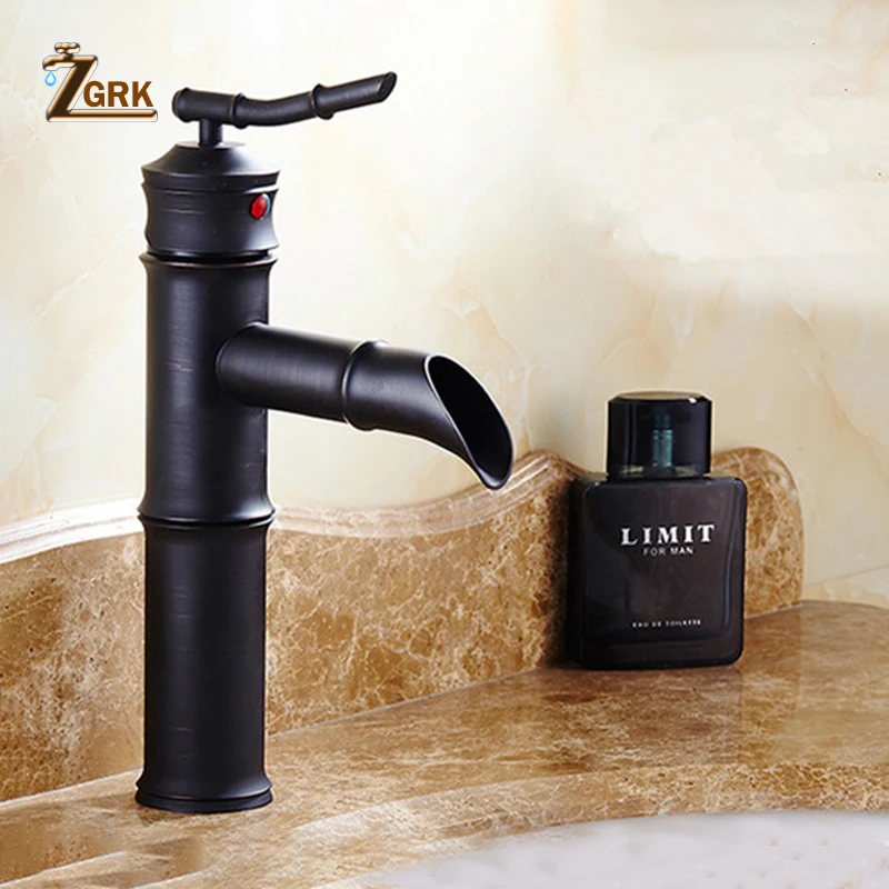 Kaufen ZGRK Schwarz Messing Wasserfall Waschbecken Wasserhahn Vessel Hoch Bamboo Wasserhahn Retro Einzigen Loch Becken Armaturen