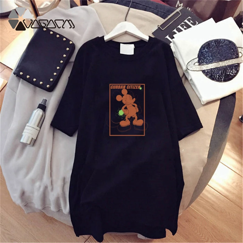 

2019 Minnie Mickey Mouse Print Clothes For Women Dresses Loose Cartoon Black Casual Big Size Fashion M-4XL Streetwear Dress