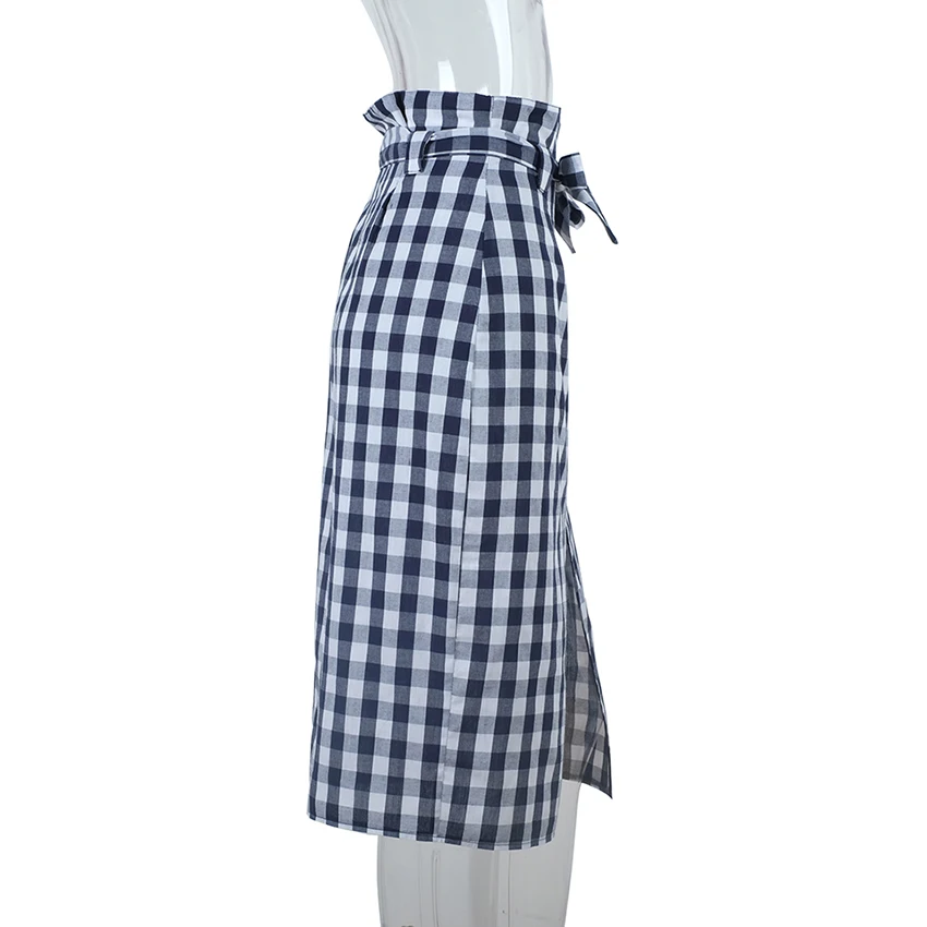 OOTN Plaid Midi Slit Pencil Skirts High Waist Women Blue White Gingham Bow Tie Long Skirts Female 2018 Summer Zipper Skirt Sexy Skirts